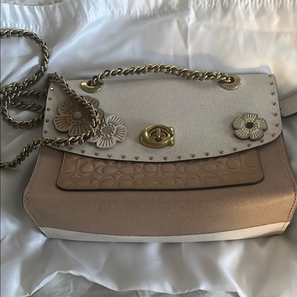 Coach Cream and Tan Shoulder Bag with Floral Embellishments